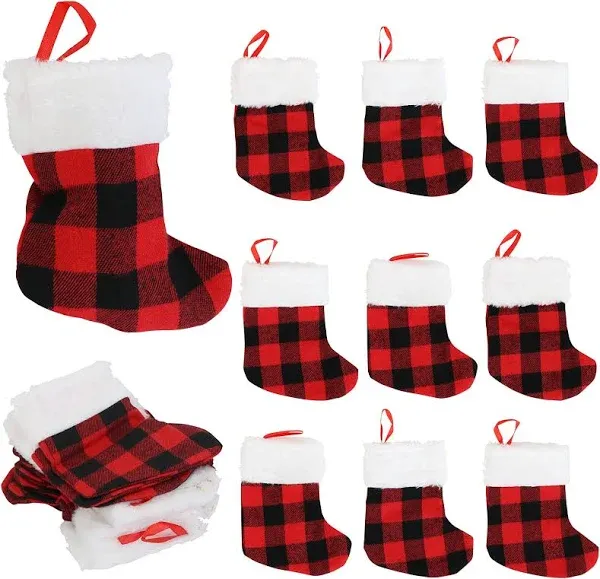 Mini Christmas Stockings, 6-Inch, Red Buffalo Plaid, 24-Pack