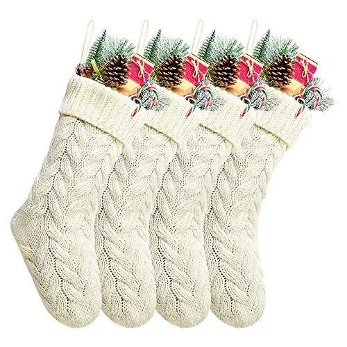 Set of 4 18&#034; Unique White Cream Knit Christmas Stocking Xmas Gift Fillers NEW