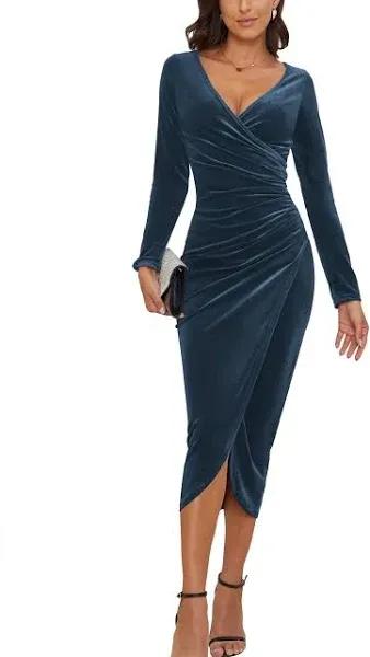 Seta T Women's Cocktail Party Wrap V-Neck Elegant Long Sleeve Velvet Ruched Midi Bodycon Dress