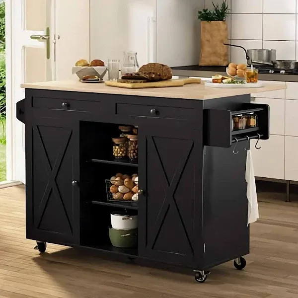 HLR Kitchen Island On Wheels, Rolling Kitchen Island Cart with Drop Le