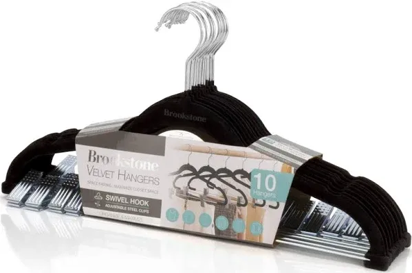 Brookstone BKH1293 10 Pack Non-Slip Velvet Hangers with Clips 360° Swivel Hoo...