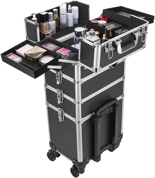 4 in 1 Rolling Aluminum Makeup Train Case Salon Cosmetic Trolley Organizer Box