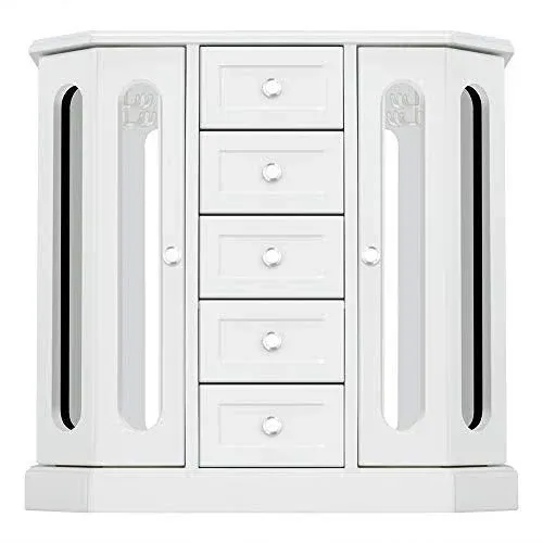 RR ROUND RICH DESIGN Jewelry Box - Made of Solid Wood with Cabinet Type 5 Drawers Organizer and 2 Separated Open Doors on 2 Sides and Large Mirror White