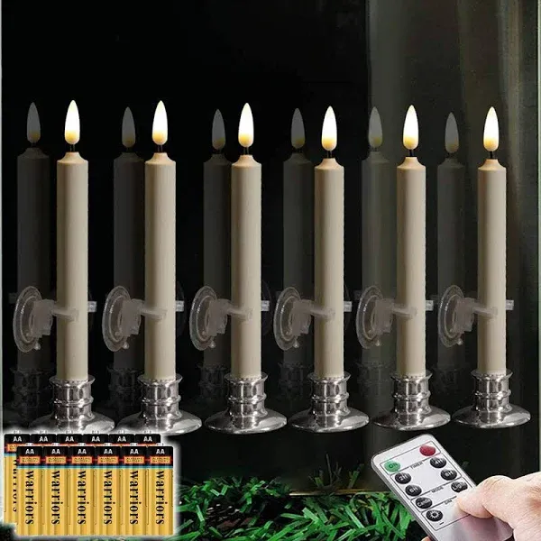 NONNO & ZGF 6PACK Flameless Battery Powered Ivory Taper Windows Candles with Remote and Timer & Candlestick