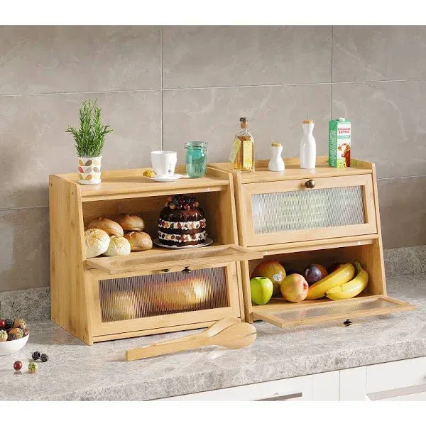 Bread Box for Kitchen Counter, Double Layer Wooden Large Capacity Bamboo Bread S