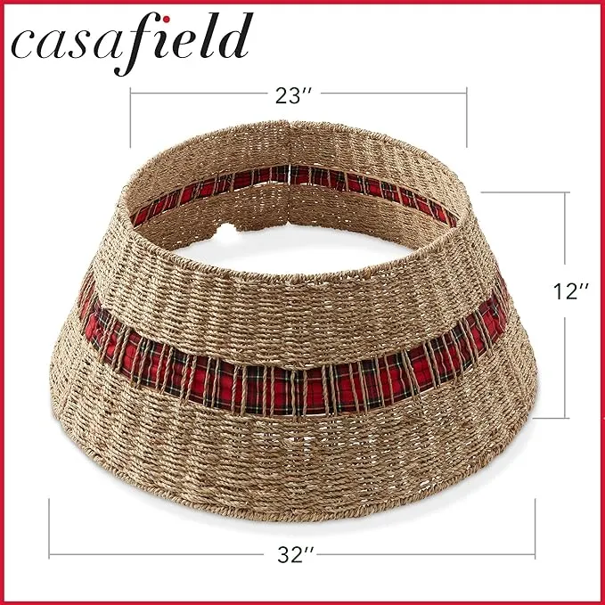 Casafield 32-Inch Christmas Tree Collar, Seagrass Woven Farmhouse Tree Base Cover with Cord Cut Out, Natural