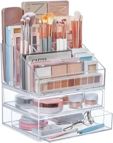 Stori Chloe Stackable Clear Makeup Holder and Double Organizer Drawer Set