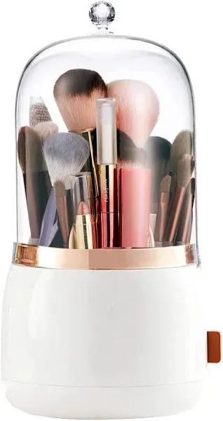 Makeup Brush Holder Organizer with Lid 360 Rotating Dustproof Pearl White 