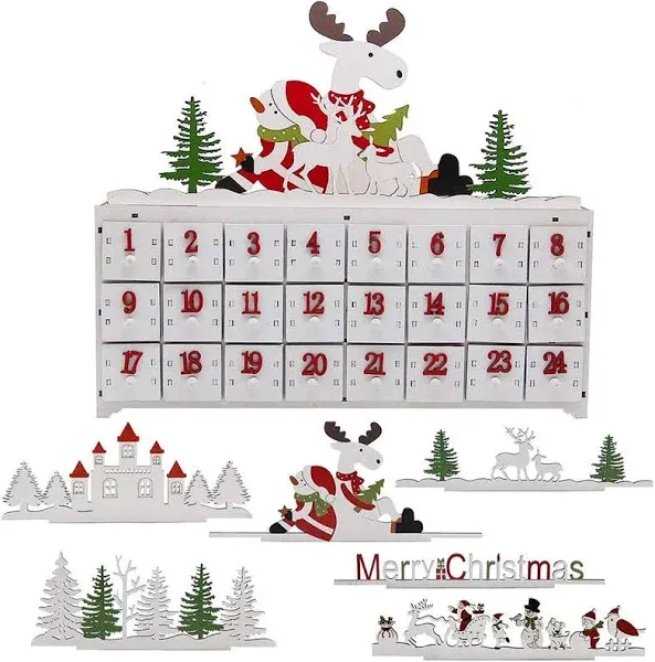 SAND MINE Wooden Christmas Advent Calendar with 24 Drawers, Countdown to Christmas, Refillable Wooden Advent with Changeable Top Decoration