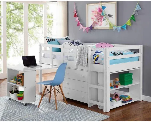 Twin Size Loft Bed with Pull-Out Desk, Storage, Ladder, Guard Rails & Bookcase Shelf - Wooden Kids Loft Bed