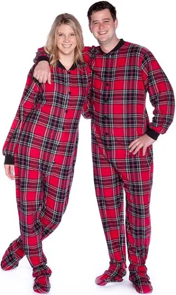 Big Feet Pajama cotton Flannel Plaid adult Footie  Drop Seat For Men Women