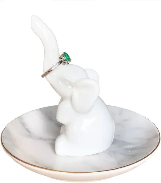 Marble Pattern Elephant Ring Holder - Ceramic Dish for Jewelry Organization