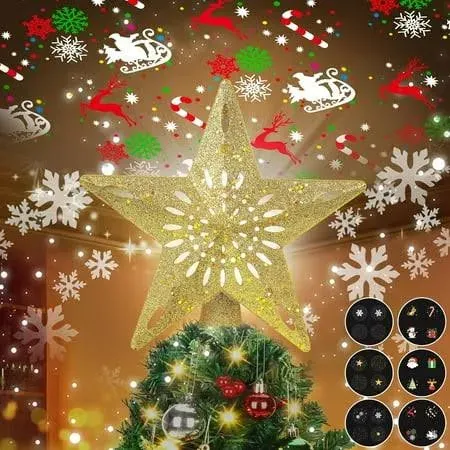 Christmas Tree Topper Lighted with 6 Projection Pattern -Star Tree Topper Built-in Led Rotating Light -3D Glitter Hollow Dynamic Projector for Xmas Tree Topper Decoration (Gold)