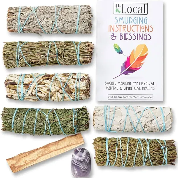 Sage Variety Pack - White Sage, Blue Sage, Yerba Santa, Cedar, Juniper & Palo Santo Smudge Sticks + Amethyst | Smudging Kit (Variety Sages)