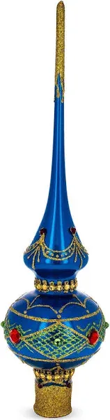 Ruby Jewels on Blue Geometrical Artisan Hand Crafted Mouth Blown Glass Christmas Tree Topper