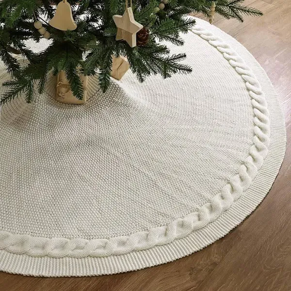 Knitted Christmas Tree Skirt: 48 Inches Cream White Tree Skirt, Diamond Polygon 