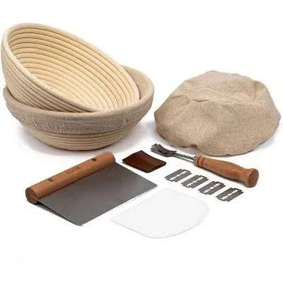 Proofing Set, by Kook, Sourdough Bread, 2 Rattan Banneton Baskets, 2 Basket Covers, Metal Scraper, Plastic Scraper, Scoring Lame, 5 Blades and Case,