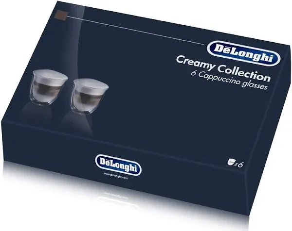 De'Longhi 5513296661-DLKC301 Delonghi DLKC301 Creamy Collection Double Walled Thermo Cappuccino Glasses, Set of 6, Dishwasher Safe,Clear, 270 milliliters, Transparent