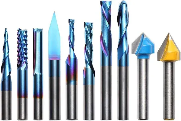 Genmitsu General Purpose CNC Router Bit Collection, 1/4" Shank, Nano Blue Coating, MC10A