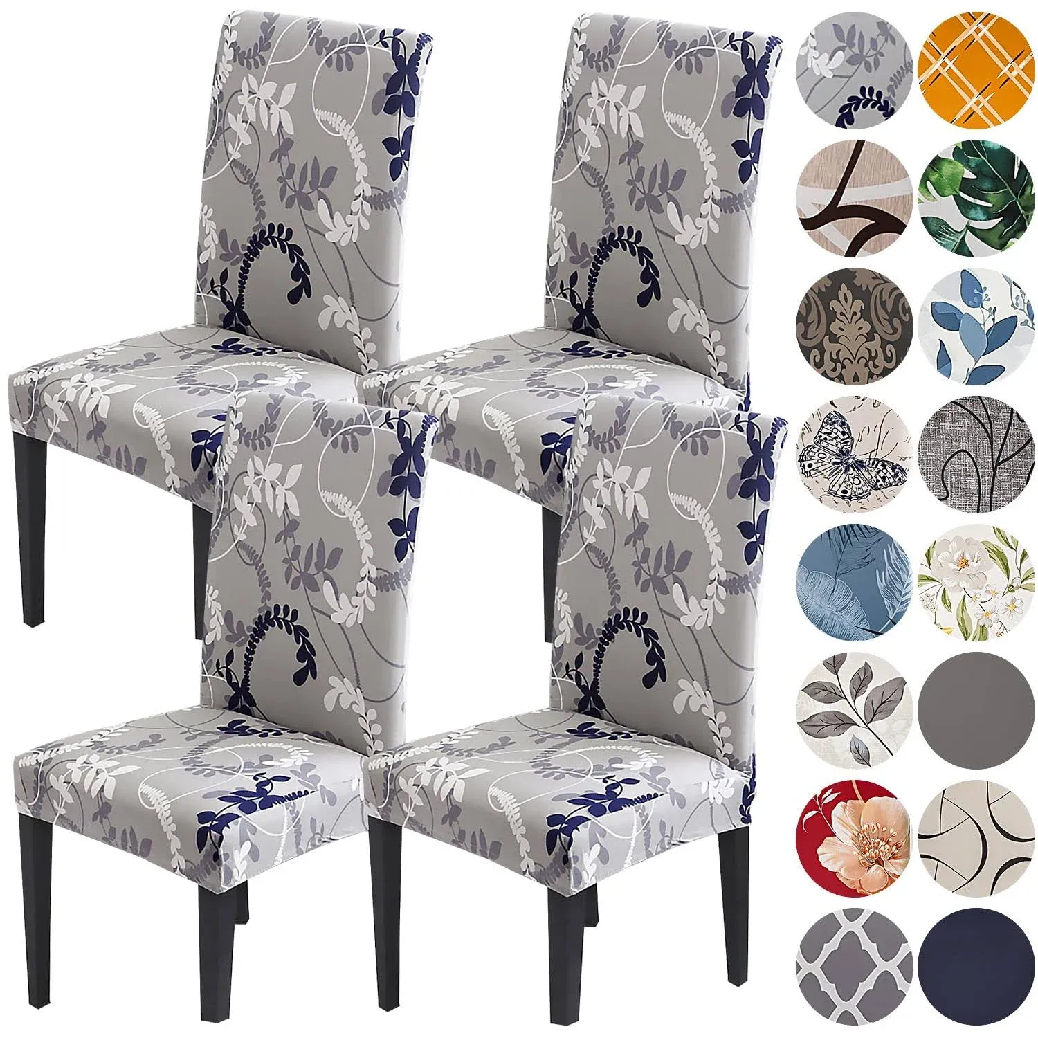  Chair Covers for Dining Room Set of 4,Stretch Spandex 4 PCS Grey/Leaf Pattern