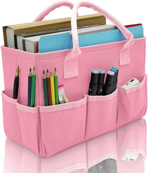 Cupohus Art Organizer Craft Storage Tote Bag with Pockets and Hadles, Oxford Fabric Carrying Caddy for Teacher, Officer, Artist, Traveler, and more – Pink