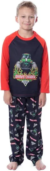 Monster Jam Boys' Grave Digger Raglan Sleep Pajama Set Shirt Pants Black