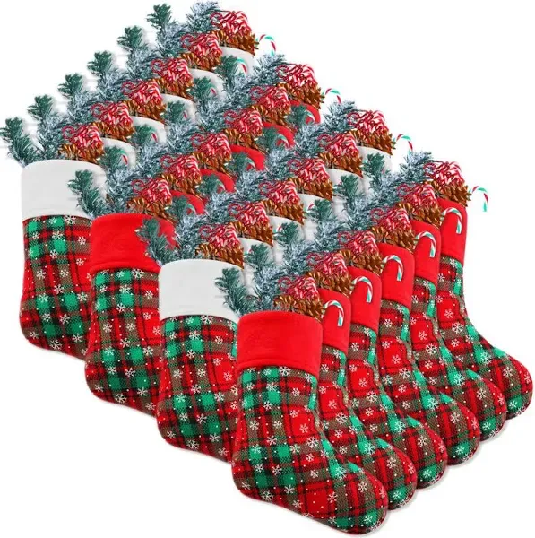 Syhood 24 Pieces 9 Inch Christmas Mini Stockings Plaid Snowflake Christmas St...