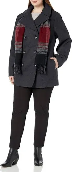 London Fog Women's Double Breasted Peacoat with Scarf