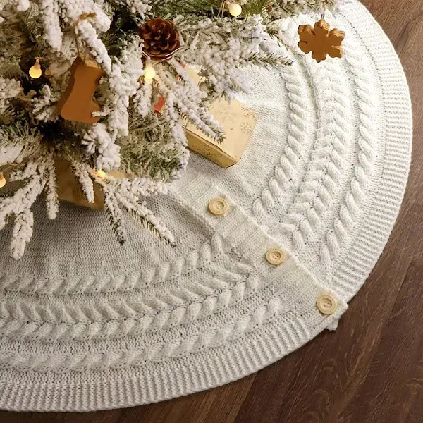 Limbridge Knitted Christmas Tree Skirt: 48 Inches Cream White Tree Skirt, Braide