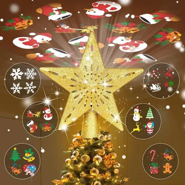 Christmas Tree Toppers Lighted with 6 Projection Modes, Christmas Star Tree Topper with Built-in LED Rotating Lights, Gold 3D Glitter Projection for Xmas Party Holiday Decorations