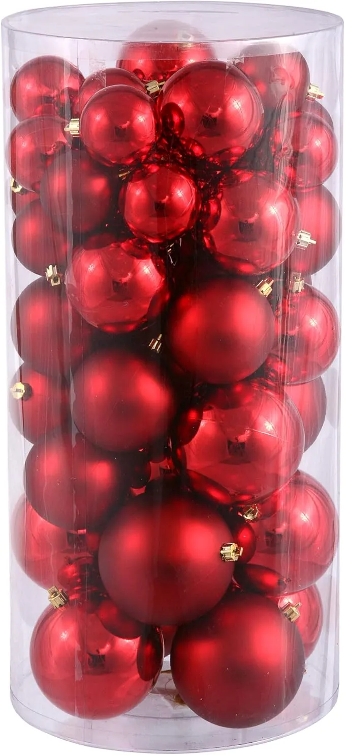 Vickerman Red Ornament Ball Set Shiny and Matte Finish, Includes 50 Per Box, 1.5 to 2-Inch Variety - Ready to Hang - Variety of Finishes