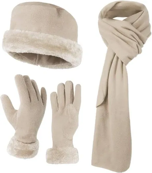 3 Pieces Set Matching Hat, Gloves and Scarf for Woman. Solid Colors - Beige