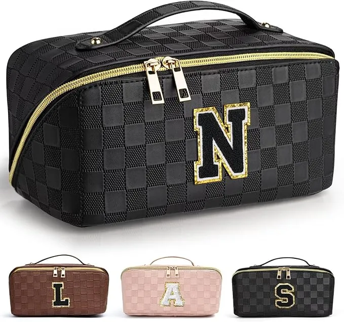 TOPEAST Personalized Gift for Women, Initial Makeup Bag Monogram Cosmetic Bag Large Open Flat Toiletry Bag for Traveling Daily Use, N