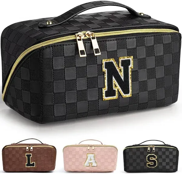 TOPEAST Travel Makeup Bag Personalized Initial Cosmetic Bag Checkered Up Toiletry Bag Makeup Pouch