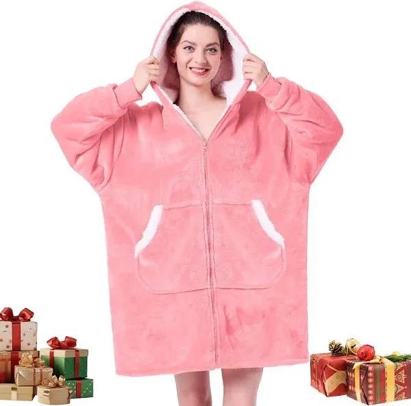 JOYWOO Pink Wearable Blanket Hoodie, Oversized Birthday Gifts for Girlfriend, Hooded Blanket Christmas Gifts for Girls Women, Cozy Fuzzy Sherpa Sweatshirt Blanket with Giant Pocket and Zipper, Pink