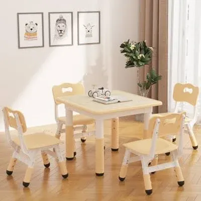 Kids Table and 4 Chairs Set with Graffiti Desktop, Height Adjustable Toddler Table and Chairs Set