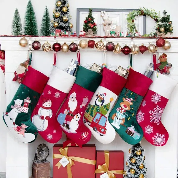 6 Pack Christmas Stockings(21in<wbr/>ch) Embroidered Linen Applique Burlap Fireplac...