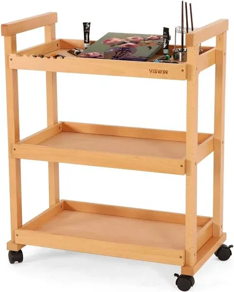 37&#034; H Art Cart Storage Organizer 3tier Solid Beech Wood Rolling Utility Cart Wit