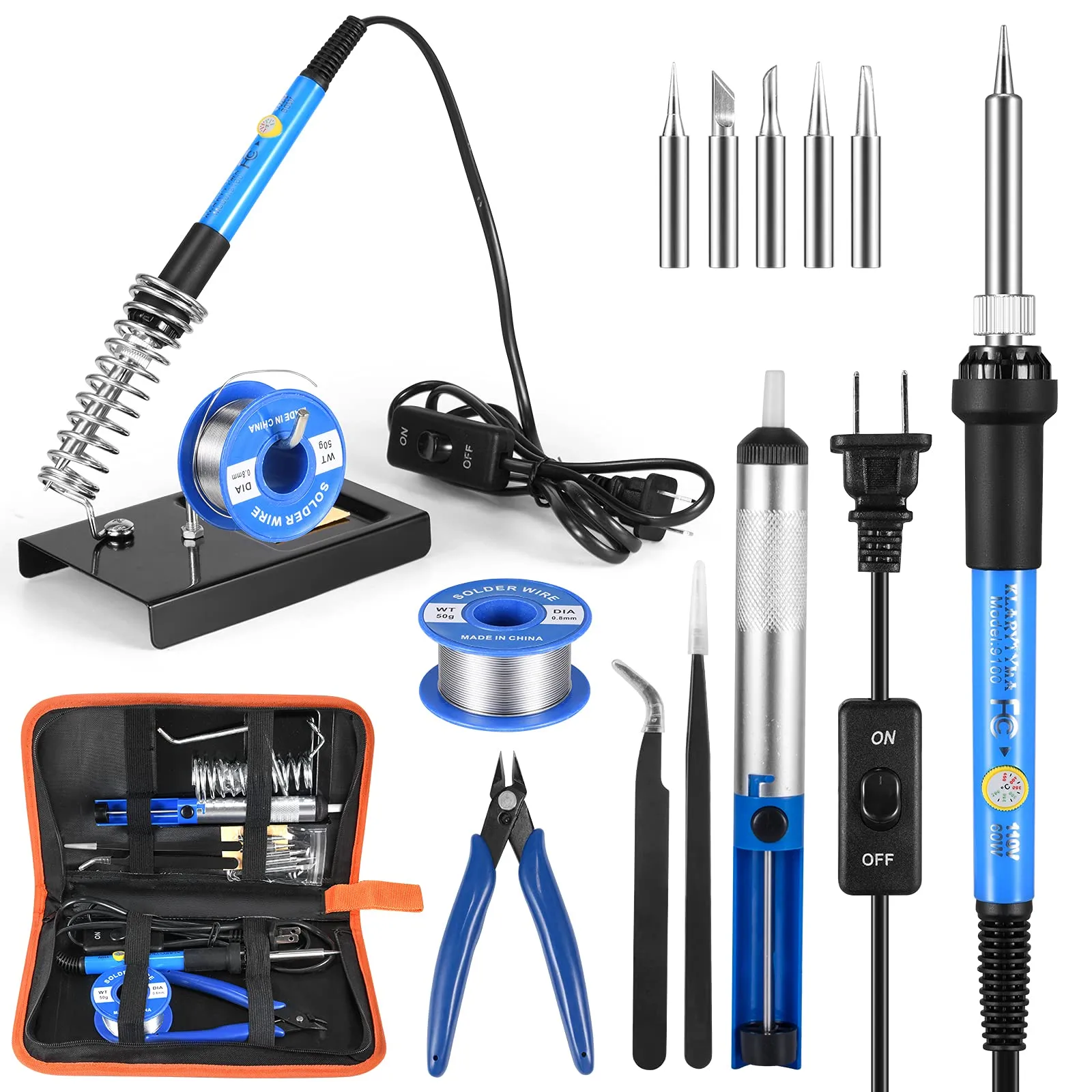 Soldering Iron Kit, Adjustable Temperature 13-in-1 60W Soldering Tool, Solder Kit Electronics with ON/Off Switch, 5 Soldering Tips, Solder Sucker, Stand, Tweezers, Solder Wire, Wire Cutter, Carry Bag