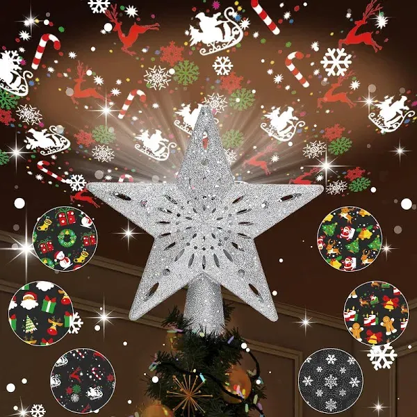 Christmas Tree Topper Lighted with 6 Pattern Projection Patterns, Christmas Star Tree Topper Built-in LED Rotating Lights, 3D Glitter Dynamic Projection for Christmas Tree Decor(Sliver)