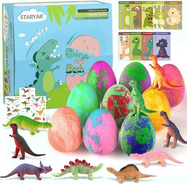 Bath Bombs for Kids with Surprise Toys Inside - 9 Pack Organic Dinosaur Bath Bombs Gift Set, Bubble Bath Fizzes, Dinosaur Toys for Kids 3 4 5 6 7 8 9 Years, Christmas Gifts, Stocking Stuffers for Kids