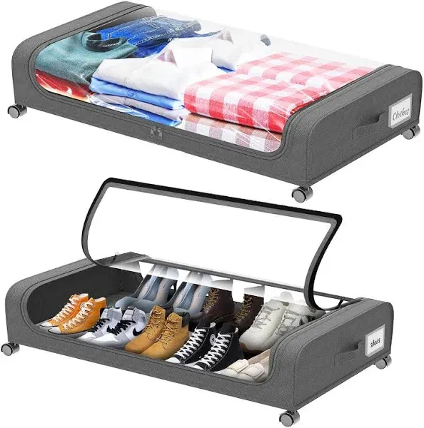 2 Pack Under Bed Storage with Wheels, Large Capacity Under Bed Storage Containers with Clear Lid,Handle,Label, Rolling Under Bed Shoe Storage Organizer for Clothes Toy Shoe Blanket (Grey)