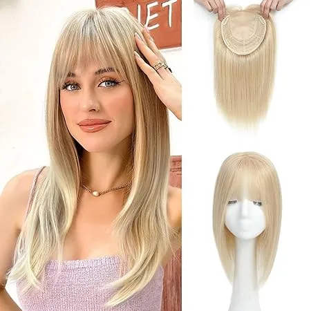 Hair Toppers for Women Real Human Hair 8x8inch Hair Toppers for Women with Bangs 16inch Skin Scalp Big Base Cover Thinning Hair or Hair Loss Top Hair Pieces Wiglets Remy Hair Topper