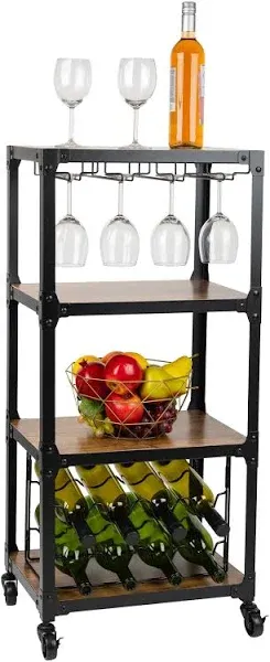 Mind Reader 4 Tier Wood and Metal Cart with Wine Rack