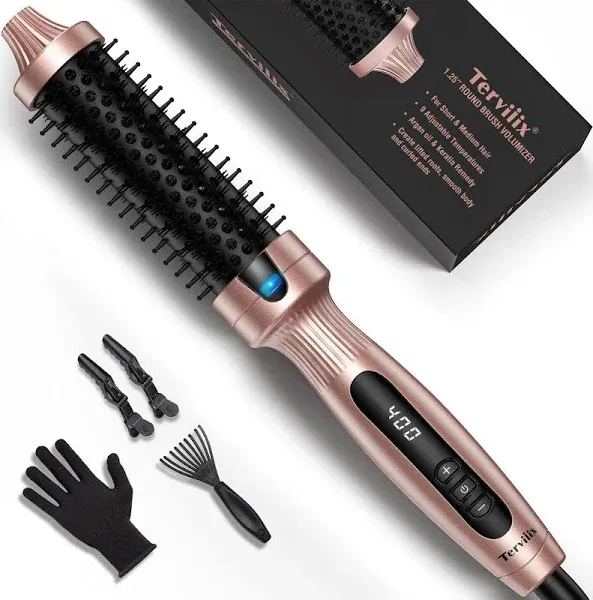 Terviiix Thermal Brush 1.25 Inch Makes Volume Curls, Ceramic Tourmaline Ionic Hot Brush Heated Round Brush Volumizer, Digital Display 9 Temperatures Curling Iron Hair Curling Brush, Dual Voltage