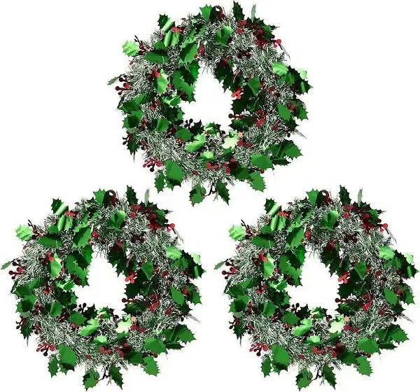 Juvale 3 Pack Small Green Tinsel Front Door Wreath