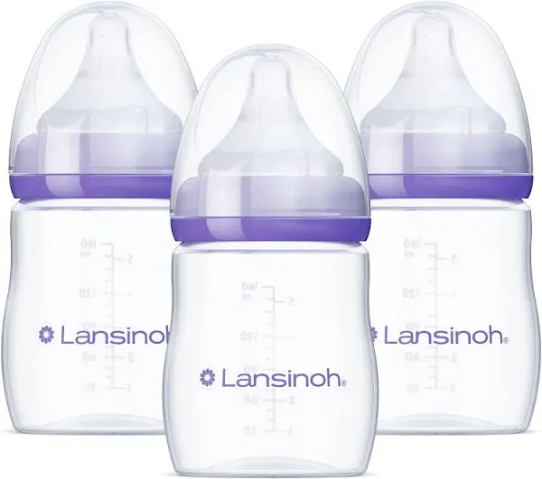 Lansinoh Anti-Colic Baby Bottles for Breastfeeding Babies, 5 Ounces, 3 Count, Includes 3 Slow Flow Nipples, Size S