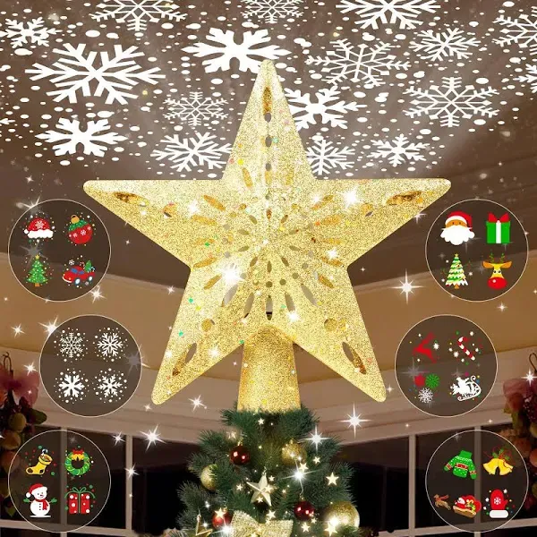 Christmas Tree Topper Lighted with 6 Projection Modes, Christmas Star Tree Topper Built-in Rotating Magic Cool Dynamic Projection, 3D Glitter Gold Star Tree Topper for Christmas Party Decorations