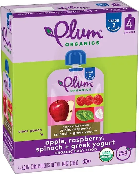 Plum Organics Stage 2 Organic Apple, Raspberry, Spinach + Greek Yogurt 3.5oz Pouch