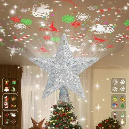 Christmas Tree Topper Lighted with 6 Projection Modes, Plug in Hollowed Silver